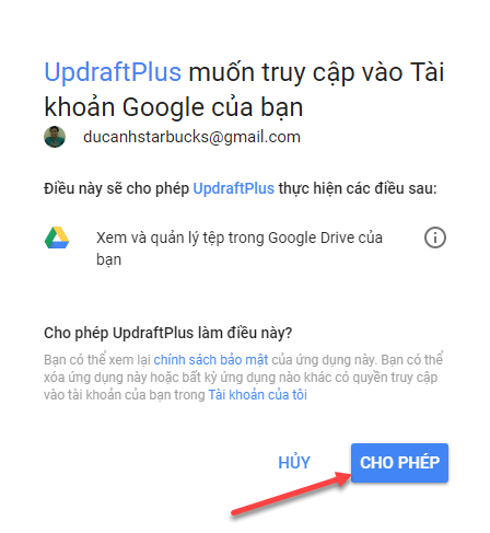 cho phép UpdraftPlus sử dụng Google Drive