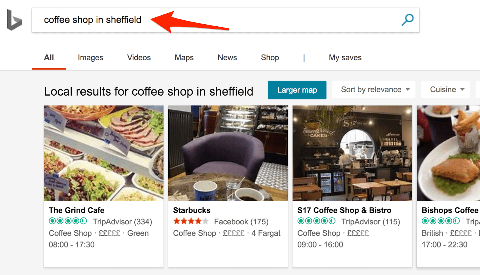 tìm kiếm quán cà phê trên Bing