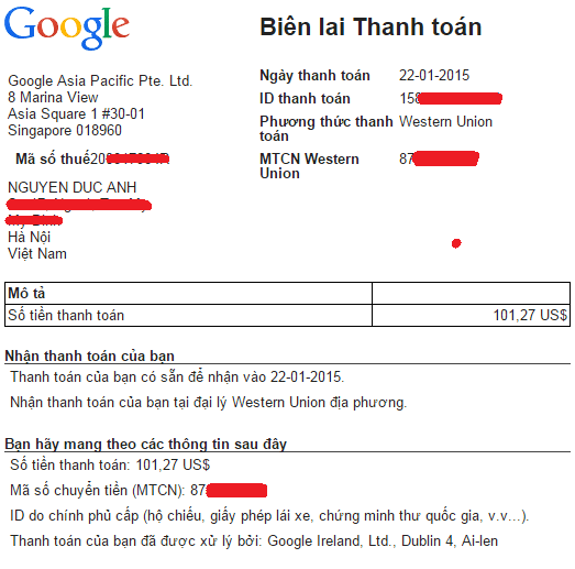 Biên lai thanh toán gửi từ Google