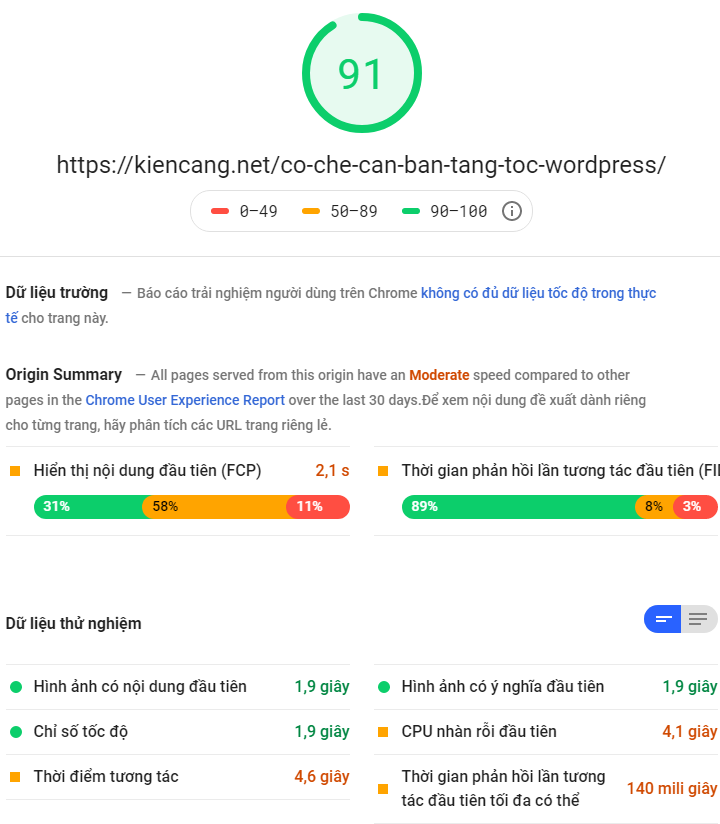 kiểm tra bằng Google PageSpeed Insights
