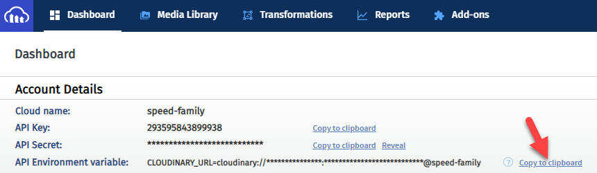 đăng nhập Cloudinary đễ lấy chuỗi API
