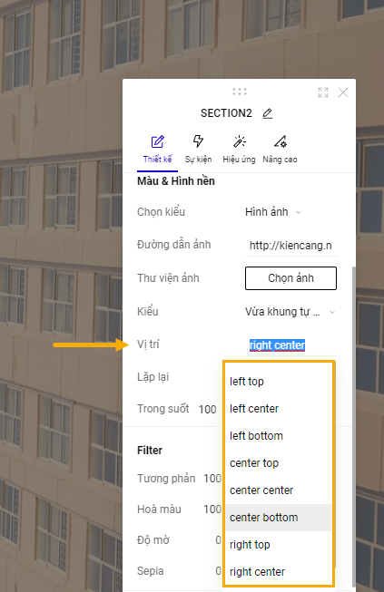 Vị trí của hình nền