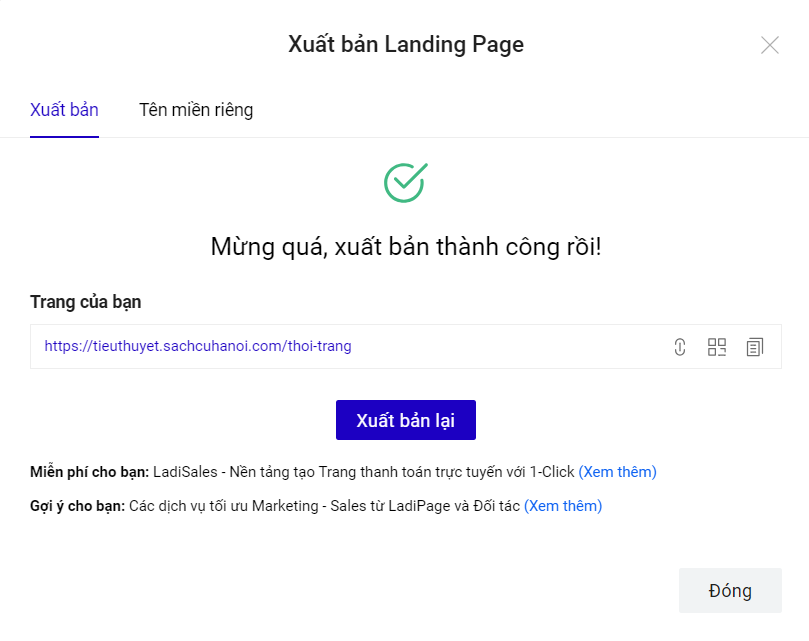 Xuất bản thành công landing page lên WordPress