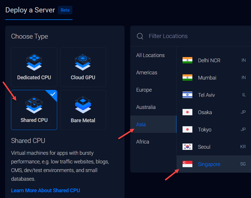 Chọn kiểu CPU & Vị trí đặt máy chủ