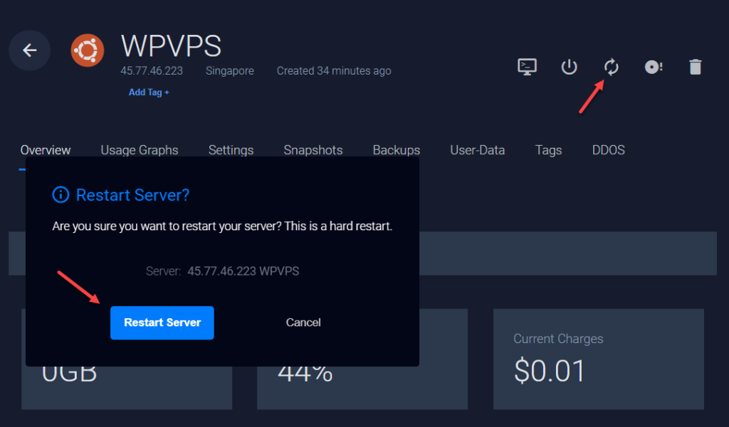Khởi động lại server