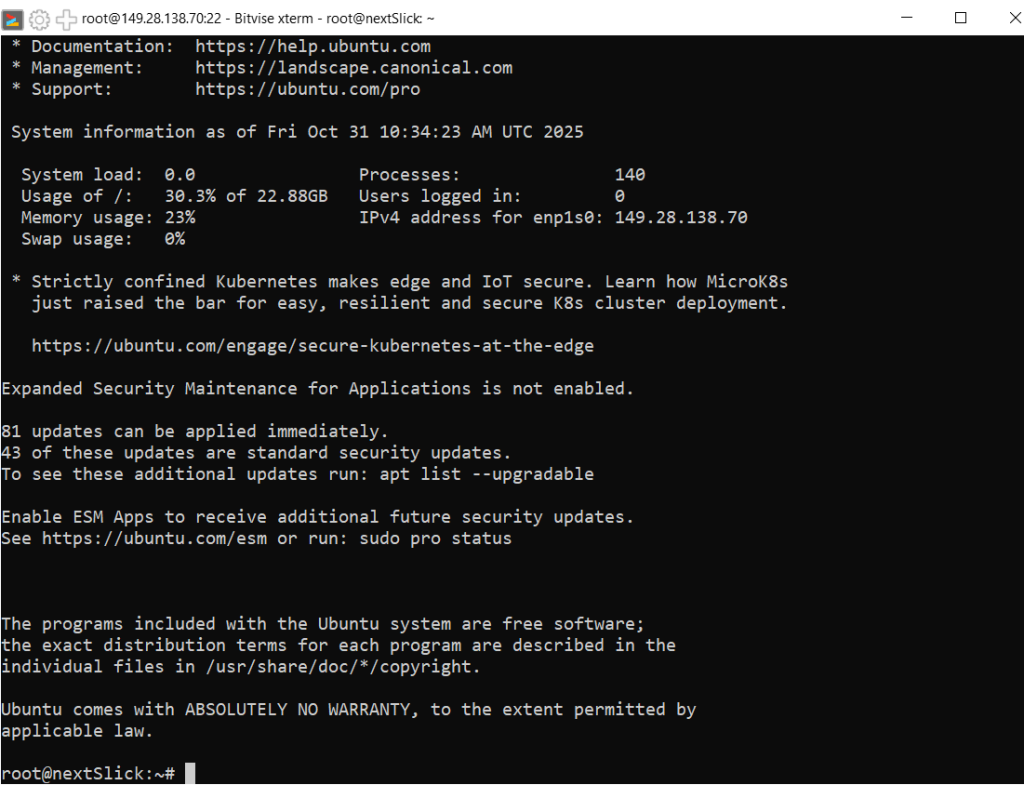 Màn hình terminal console để giao tiếp với VPS