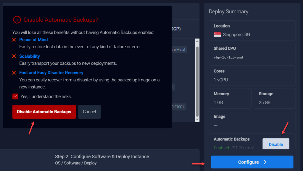 Tắt backup để tiết kiệm chi phí