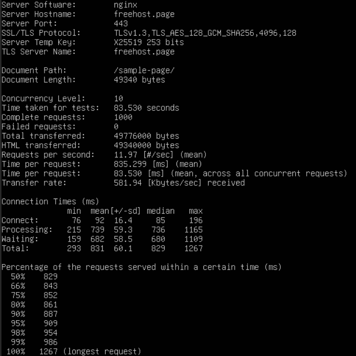 Kiểm tra website freehost.page với Apache Bench
