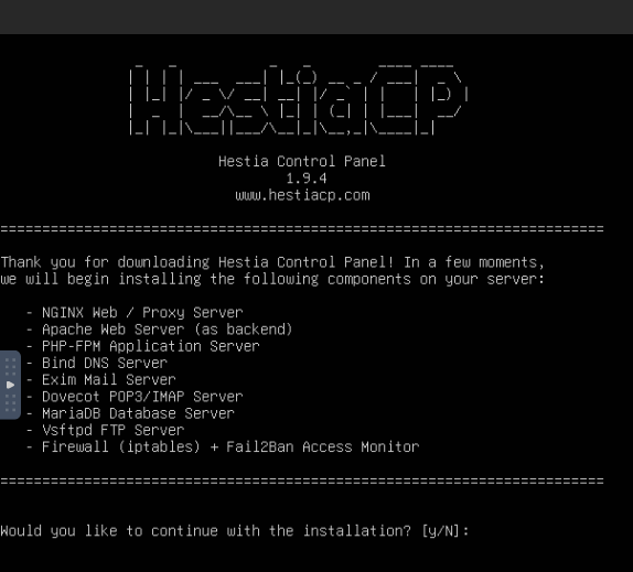 Màn hình cài đặt HestiaCP