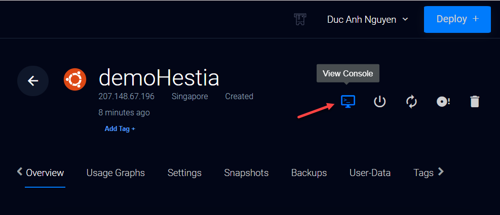 Console mặc định của Vultr