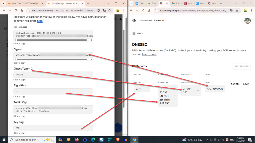 Điền thông tin DNSSEC