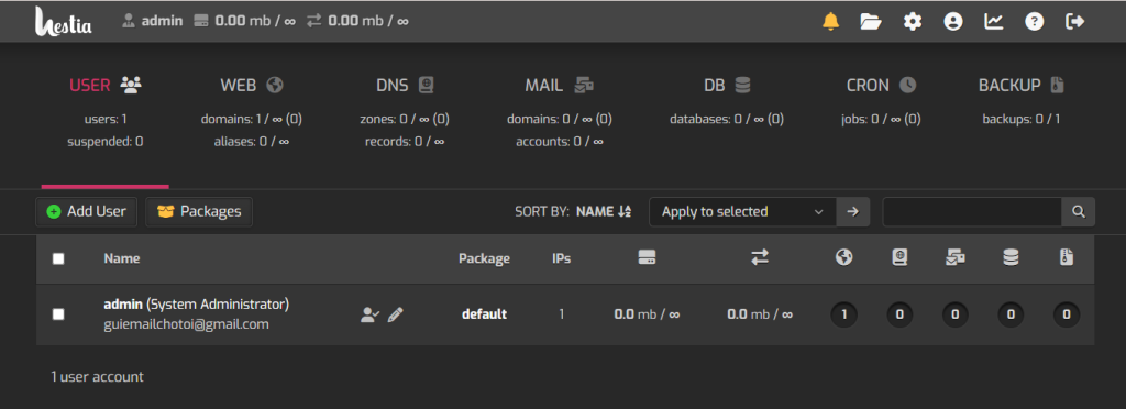 Giao diện quản trị của HestiaCP