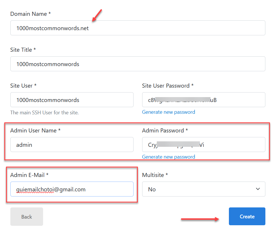 Nhập thông tin cho cho trang WordPress