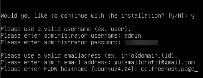 Điền thông tin cài HestiaCP