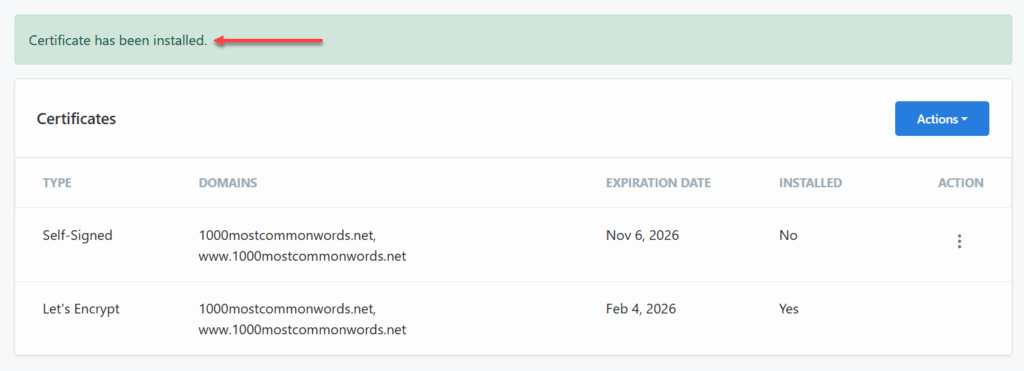 Tạo SSL thành công