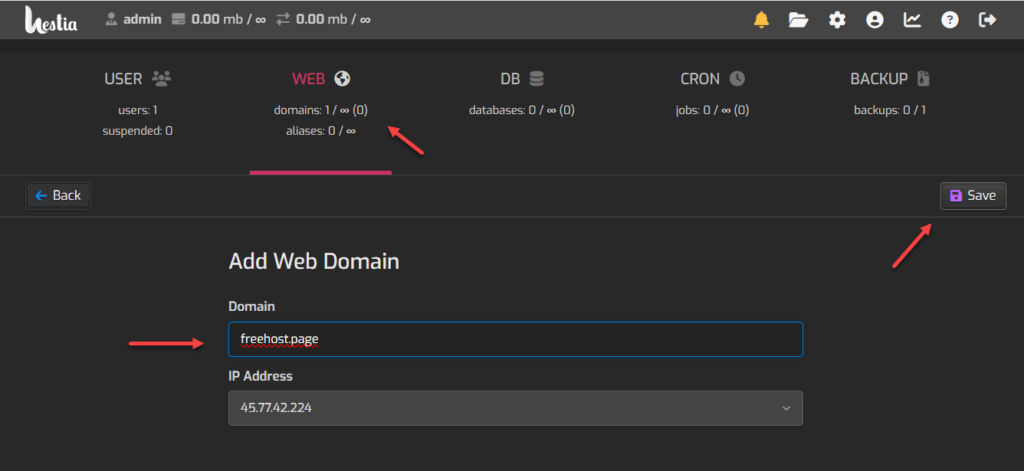 Thêm tên miền trong HestiaCP