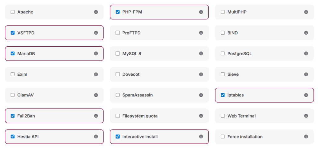 Tùy chọn cài đặt các thành phần cho HestiaCP